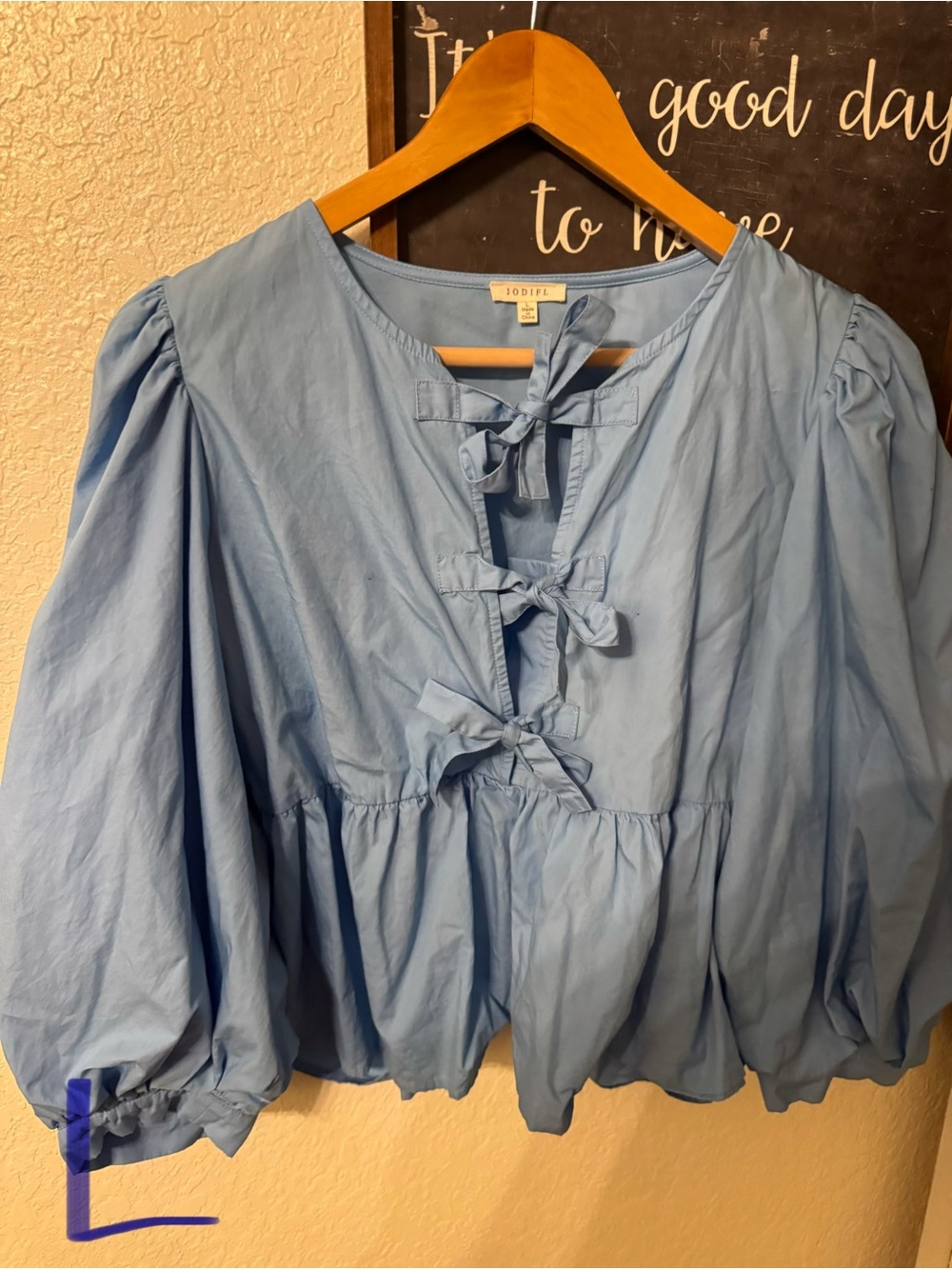 JODIFL Sky Blue Tie-Front Puff Sleeve Blouse